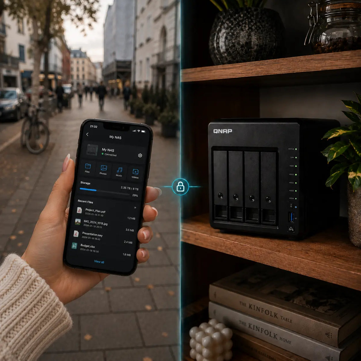 Person accessing home cameras and NAS files on a phone while walking a city street