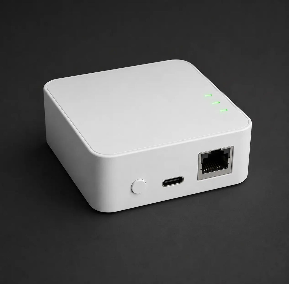 vploq Home device on a dark surface with status LEDs lit
