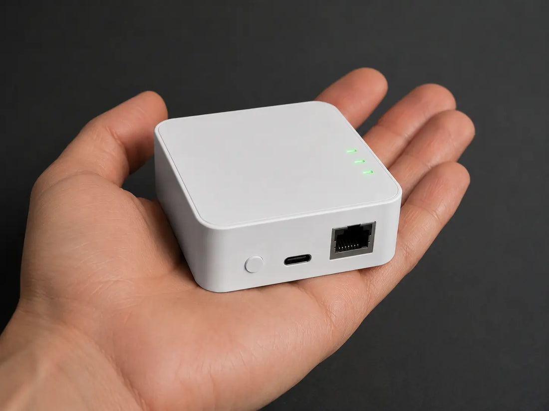 vploq Home resting in a hand, showing its actual size