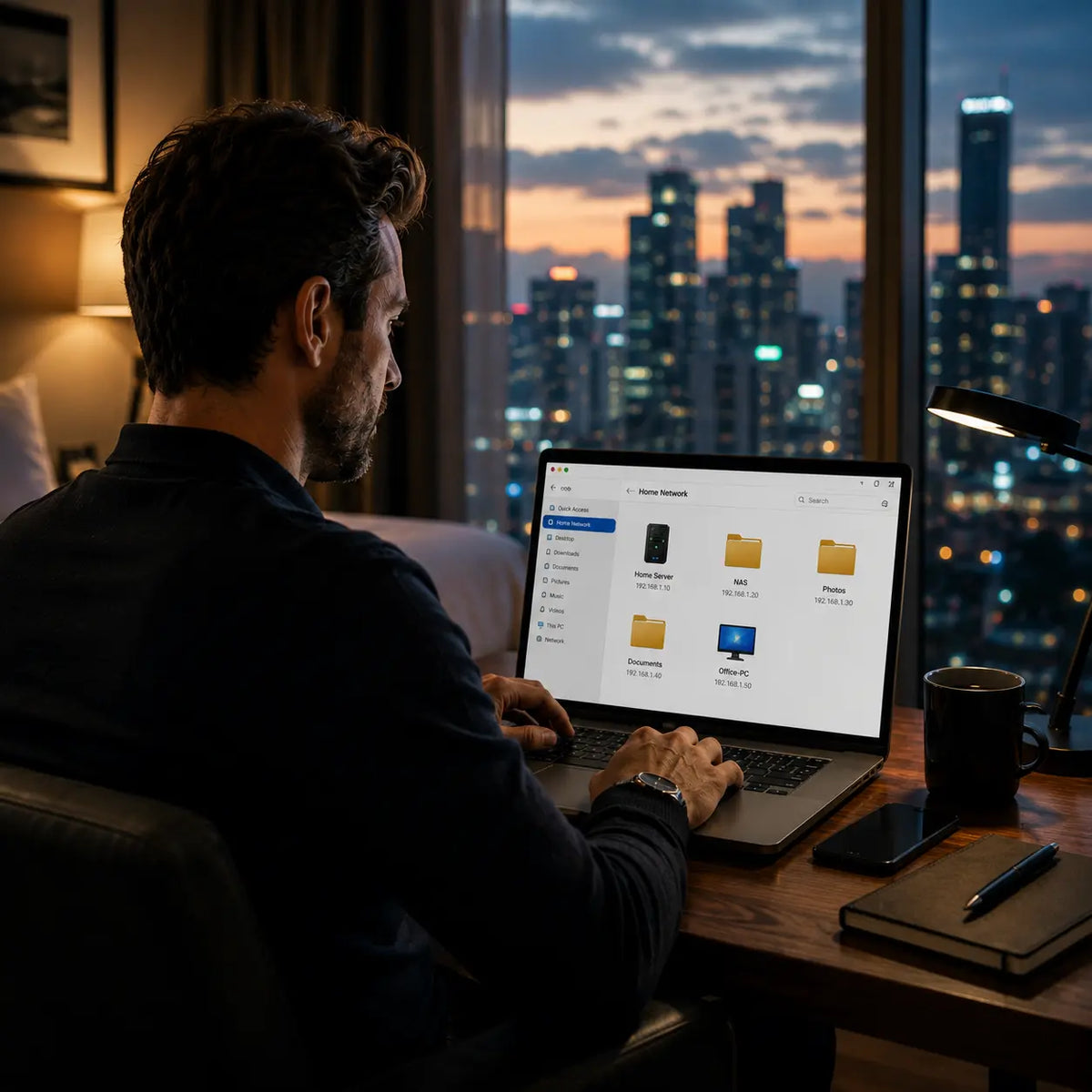 Person working late from a hotel desk overlooking a city skyline