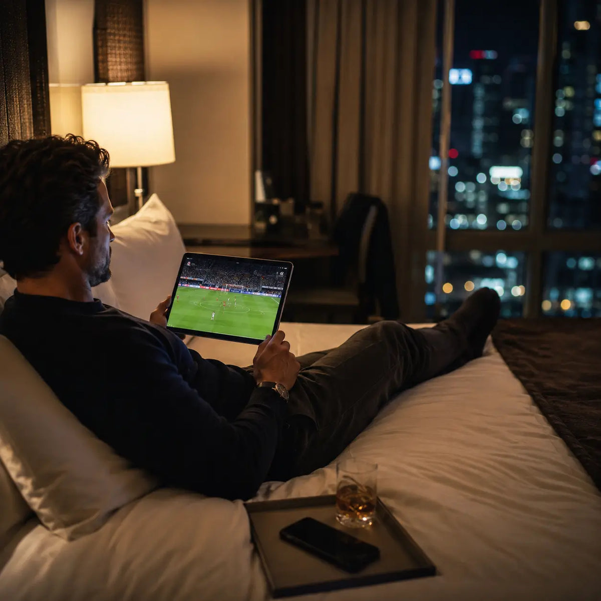 Person watching a live sports stream on a tablet in a hotel room
