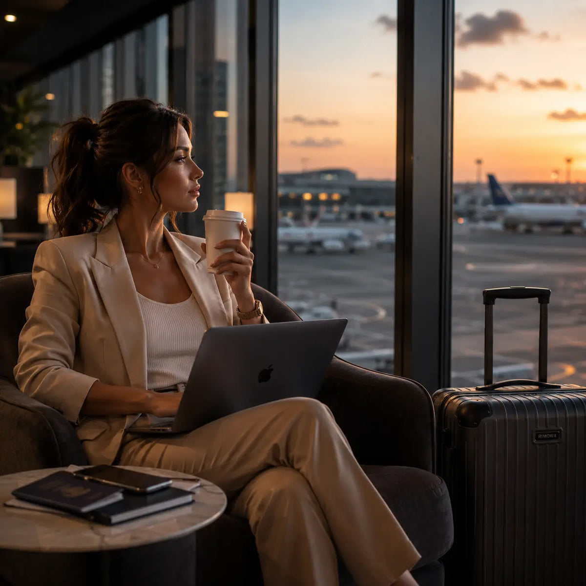 Traveler working from an airport lounge with a laptop and phone